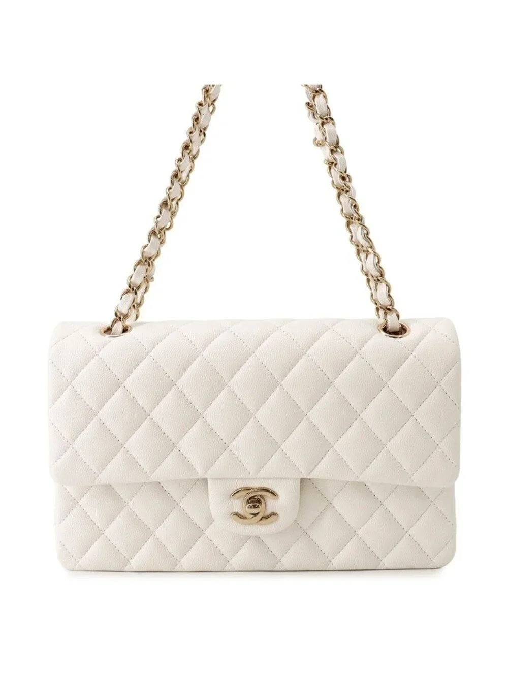 Chanel Chain Shoulder Bag Quilted 25 CC Logo Caviar Leather Double White